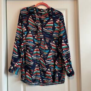 Soft Surroundings Sail Away Sailboat Print Buttoned Tunic Shirt Blouse M